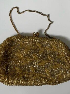 Vintage 1960s Gold Beaded Sequined Clutch Bag Evening Purse Rhinestone Clasp